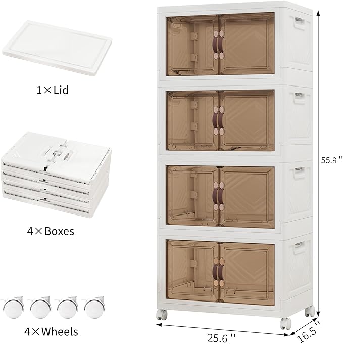 Storage Bins with Lids and Wheels, 398QT-99.5QT*4Tier Collapsible Bathroom Storage Cabinet with Clear Doors, Plastic Stackable Closet Organizers and Containers White