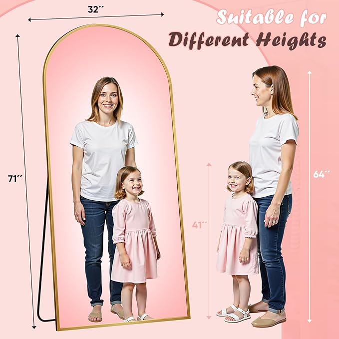 Full Length Mirror, 71" x 32" Arched Full Body Mirror Large Standing Floor Mirrors, Mirrors for Bedroom, Bathroom, Living Room Standing or Wall Leaning, Gold