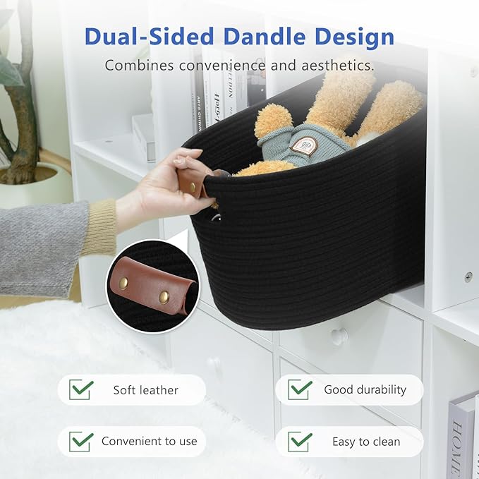 Cotton Rope Basket, Storage Baskets with Handle, 15x10x9 Inch Woven Basket for Shelves, Laundry, Towels, Clothes, Books (Black 1Pack)