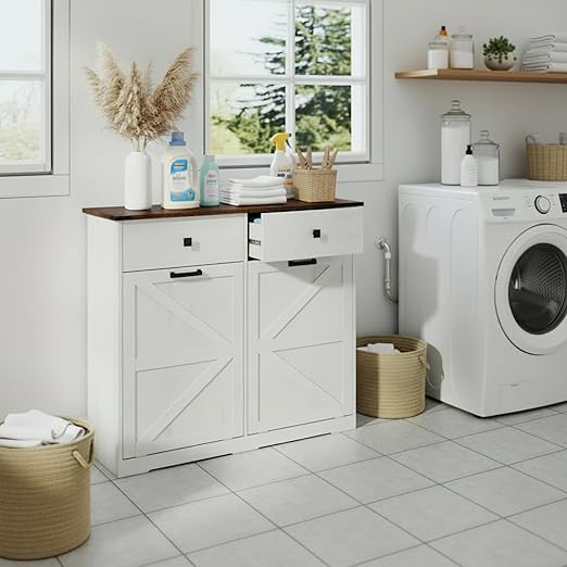 Farmhouse Dual Tilt Out Trash Can Cabinet, Holds 2 x 10 Gallon Bins Hidden Laundry Hamper Cabinet, with Hideaway Drawer Garbage Can Cabinet, Ideal for Kitchen & Laundry Room (Antique White)