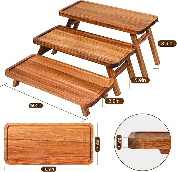 GEHE 3 Tier Serving Tray Acacia Wooden Tiered Tray Stand Foldable Dessert Table Display Set Decor Charcuterie Boards for Party, Birthday, Wedding, Christmas