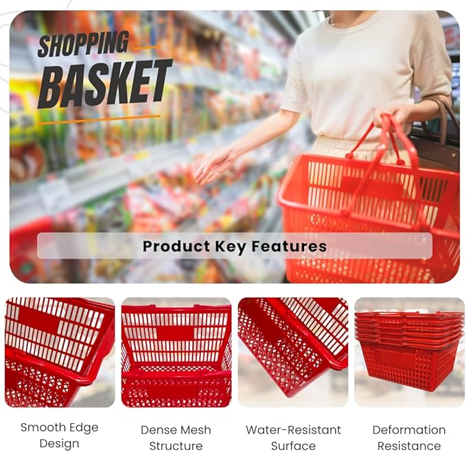 Stackable Plastic Shopping Baskets, Red and Blue, Easy-Grip Handles for Grocery, Retail, Liquor Stores, Home Use (2-pack, Red)