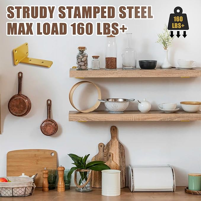 6 PCS Gold Steel Heavy Duty Brackets Without Lip, 8 Inch Supports DIY for Shelves Bracket with 5mm Thick, Industrial Modern Floating Shelf Support for Wall Mount Shelves