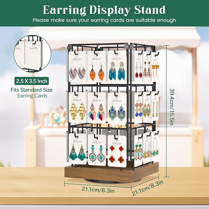 EsLuker.ly Rotating Earring Display Holder Stand for Vendors Events Selling, Large Capacity 36 Hooks Jewelry Rack with Wooden Base for Earring Card Sales, Enhances Retail Visibility(Brown)