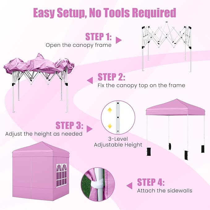 Tangkula 6.5x6.5 FT Pop Up Canopy, UPF50+ Outdoor Canopy Tent with 2 Removable Sidewalls, 2 Zippered Doors, Heavy-Duty Carbon Steel Frame, Wheeled Bag, 4 Sandbags, 8 Stakes, 4 Wind Ropes (Pink)