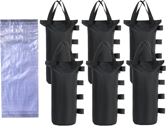 Canopy Weight Sand Bags with Water Storage Bags, Heavy Duty Tent Anchor Bags, 19.7 x 7.9 inches, Black (Black, 6 sandbags+6water Bags)