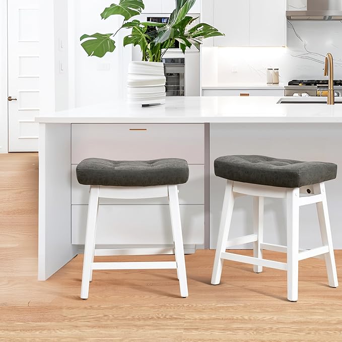 Counter Height Bar Stool for Kitchen Counter Modern Backless Barstool with Upholstered Faux Leather Seat and Solid Wood Leg Farmhouse 24 inch Bar Chair, Grey + White, 1pc