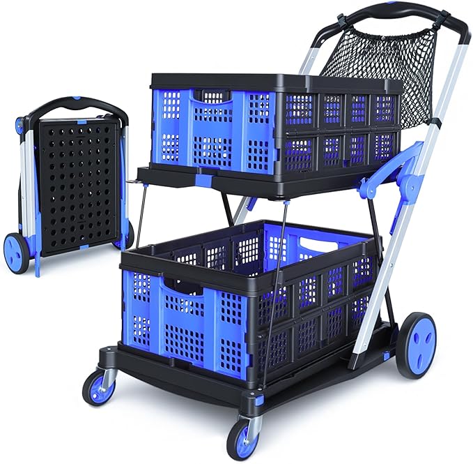 Collapsible Shopping Cart with Wheels, 2 Storage Crates & 1 Storage Bag, 200 lbs Capacity Multi Use Functional Grocery Cart, Space-Saving Design for Home/Office/Picnic