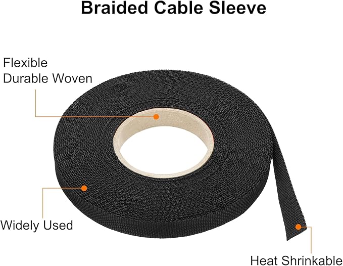 MECCANIXITY Braided Cable Sleeves Heat Shrinkable Fabric Sleeving, 3/8" 40ft Black 2:1 Ratio Heat Shrinkable Cord Protector for Harness Cable, Network Cable Protection, Cable Management