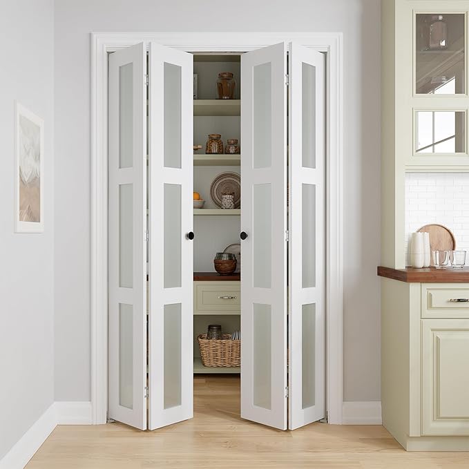Bifold Doors for 48" x 80-3/4" Opening, 3-lite Tempered Frosted Glass Closet Folding Doors with Hardware kit Included, Easy Assembly, White