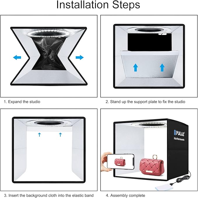 Photo Studio Light Box, PULUZ Mini Folding Lightbox LED Ring Light Portable Photo Box Shooting Tent Box Kit 12 Colors Backdrops USB Light Box Photography for Small Items Product Photography 10"x10"