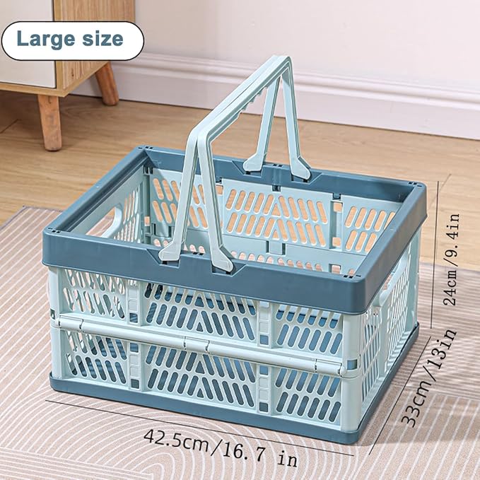 Collapsible Storage Crate with Handles, Milk Crates，33L Foldable Plastic Shopping Basket, Organizer Container for Car Home Pinic (Light blue, Large)