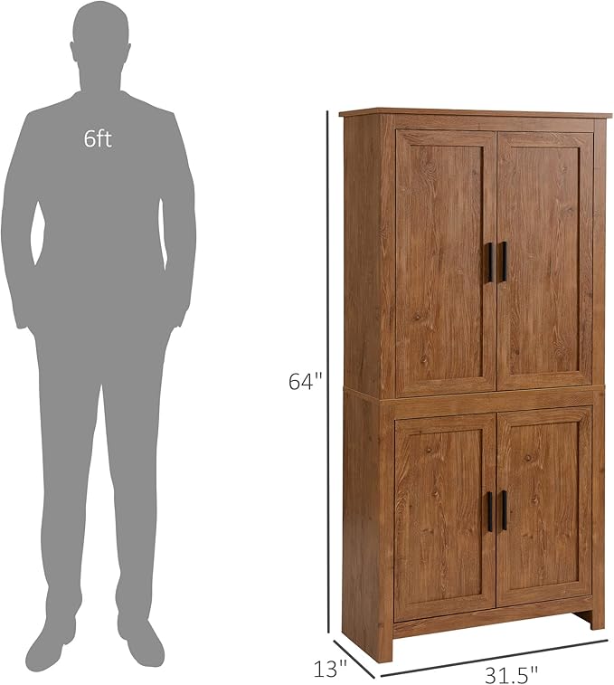 HOMCOM 64" Kitchen Pantry Cabinet, Freestanding Storage Cabinet with 4 Doors and 3 Adjustable Shelves for Dining Room, Oak