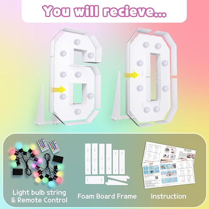 Marquee Numbers 60th Birthday Decoration: Colorful 3FT Large Light Up 60 Year Old Birthday Decorations Anniversary Backdrop Cardboard Sign 18 Colors Number 60 Mosaic Balloon Frame