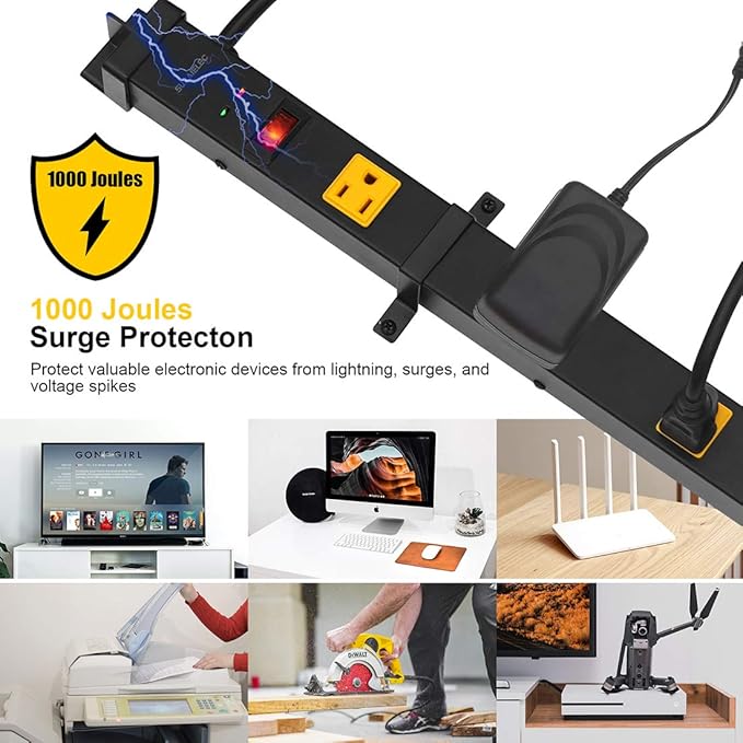 SURAIELEC 10 Outlet Long Power Strip Surge Protector, Industrial Heavy Duty Metal Shop Power Strip Flat Plug, 1000 Joules, 15 A Breaker, 6FT Cord, Wall Mountable, for Work Bench, Shop, Garage, 2 Pack