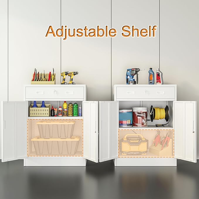 Metal Storage Cabinet, Locking Cabinet with 1 Drawer and Adjustable Shelf, 36" H x 28" W x 16" D Steel Storage Cabinet for Office, Garage, Home-White