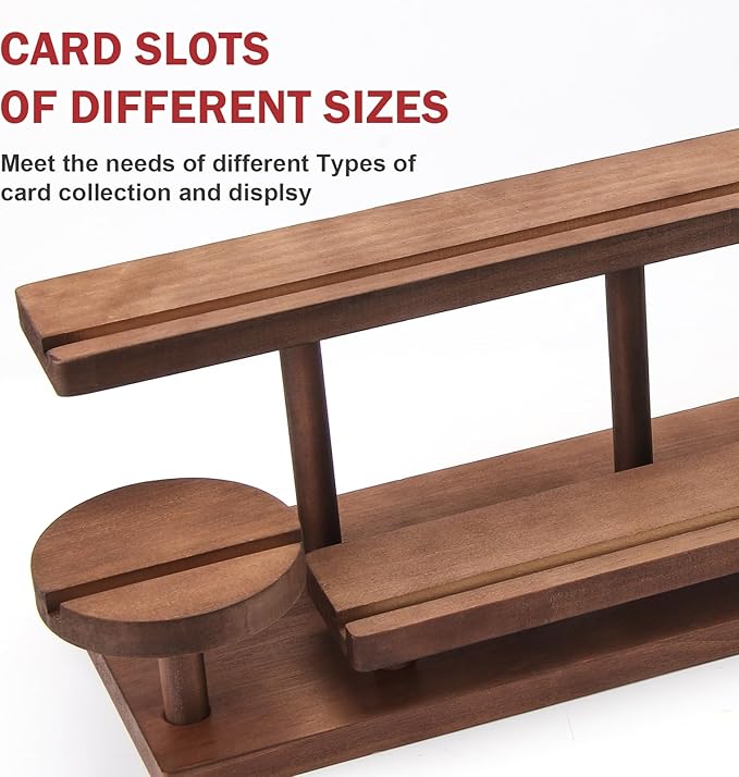 Wooden Trading Card Display Stand, 3-Tier Card Holder for Graded, Sports and TCG Cards, Tabletop Display Holder, Rustic Solid Wood Shelf Stand for Basketball Football Hockey (Brown)