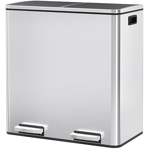 Arlopu Dual Trash Can, 2 x 8 Gallon (2 x 30 L) Hands-Free Trash and Recycle Bin Combo, Stainless Steel Kitchen Garbage Can with Soft-Close Lid, Removable Inner Buckets, Step Pedal, Airtight (Silver)