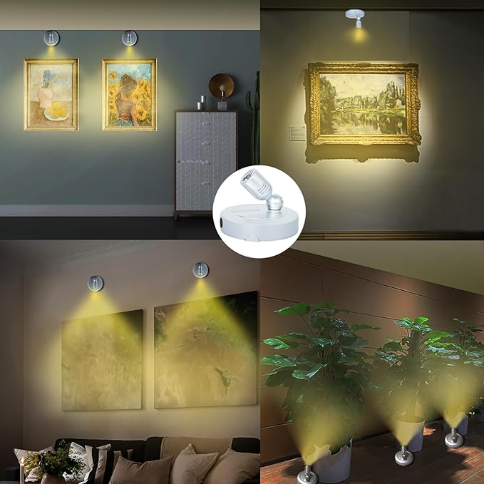 Indoor LED Spotlight, Battery Operated Spotlights with Remote, Picture Lights for Wall, Plant Tree Up Light with Timer, Accent Lights for Art Display Dartboard Painting Artwork Frames-Silver
