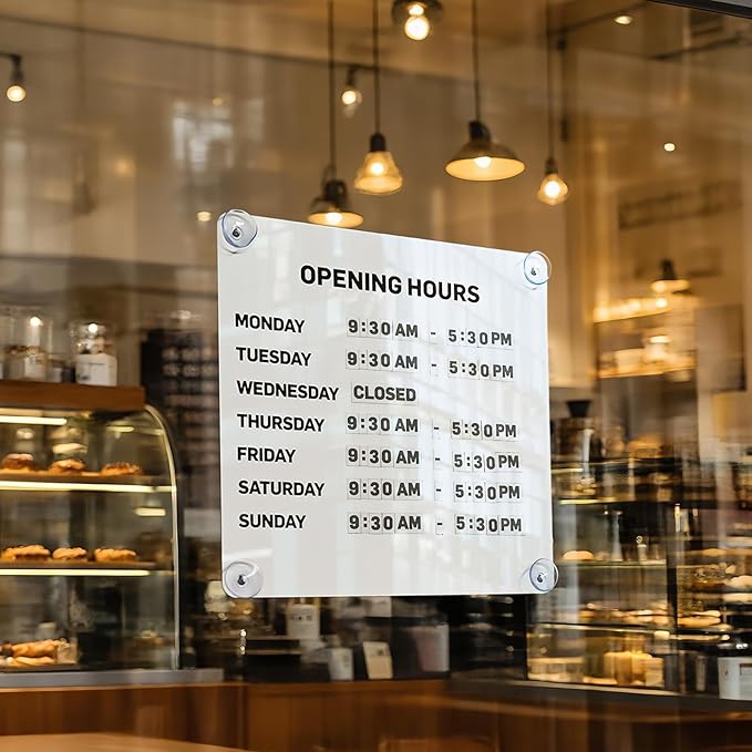 Metal Business Hours Sign with Suction Cups - Magnetic Open Closed Display Board for Storefront Window, Glass Door, Tile Wall & Counter - Changeable, Reusable & Rust-Resistant Steel Kit