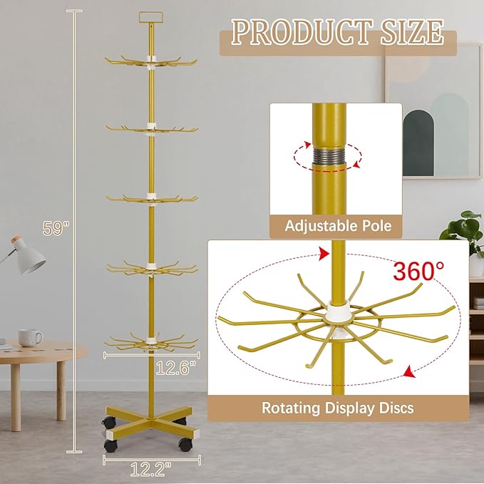 Retail Display Stand 5 Tier Metal Spinning Display Rack with Wheels Keychain Jewelry Stocking Hat Display Stand with Hooks for Malls, Showroom, Retail Store (Gold)