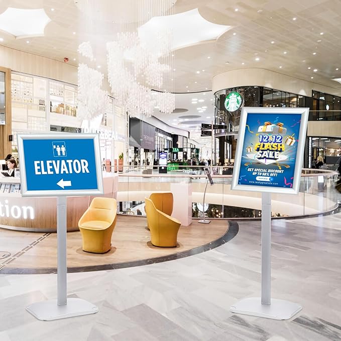 Heavy Duty Pedestal Sign Holder for Display, 11 x 17 inches Adjustable Floor Standing Sign Holder with Weighted Base , Vertical and Horizontal View Sign Stand for Indoor/Outdoor Advertising，Silver