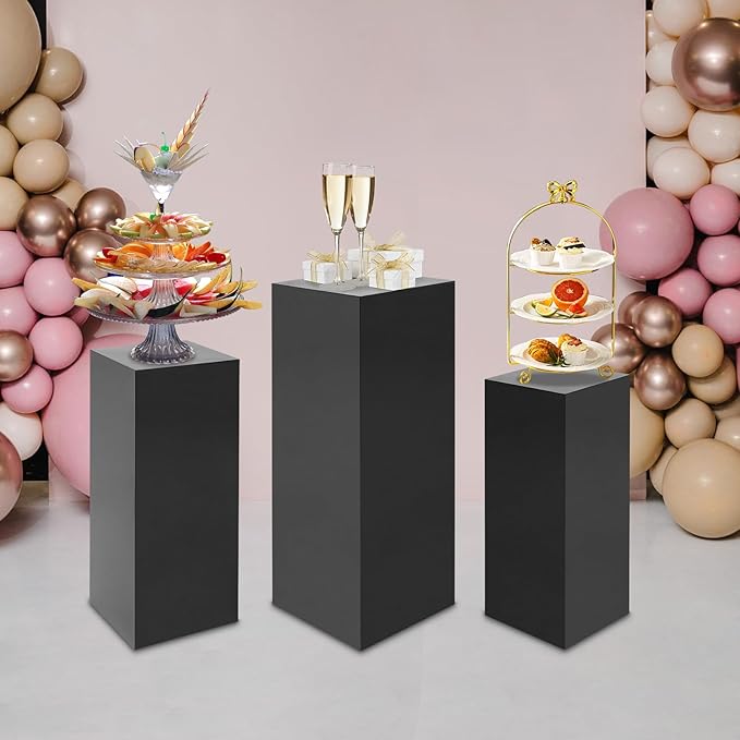 OUKANING 3 PCS Metal Display Pedestal Stands, Square Black Display Stands Pillars, Decoration Cube Sculpture Display Column for Wedding Party Baby Shower Birthday, H31.49'', 25.59'', 23.62''