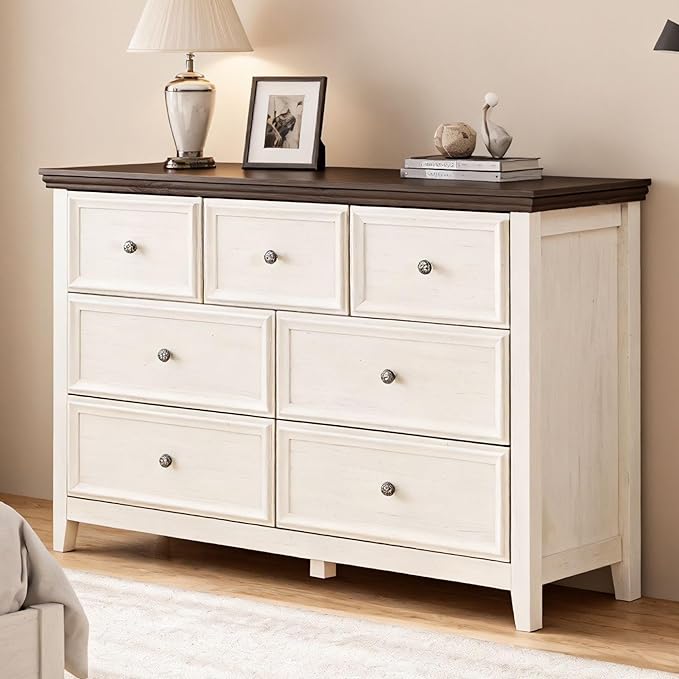 BLANKSPACE 7 Drawer Dresser, Modern Farmhouse Dresser Chest of Drawer for Bedroom, Chest of Drawers Storage Cabinet for Living Room, Entryway, Hallway, Antique White