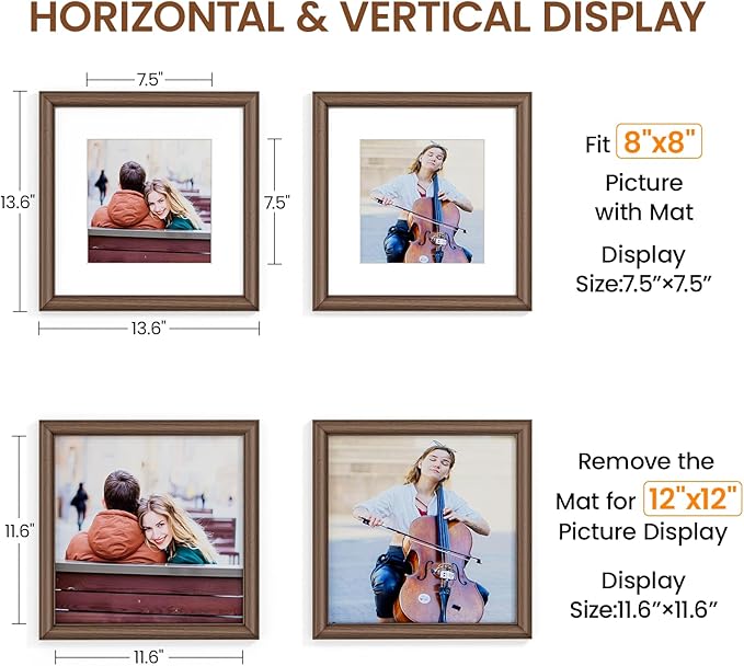 Natural Walnut 12x12 Picture Frames Mat to 8x8 Picture Display,Original Wood Handcrafted Poster Frame,Wooden Frame 12x12 with Tempered Glass Graduation Family Wedding Certificate Photo Wall Mounted