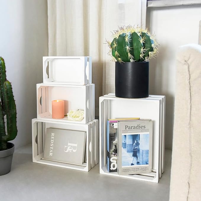 Set of 4 Large Wooden Decorative Storage Crates, Whitewashed Nesting Wooden Crates for Display Rustic, Farmhouse Wood Storage Container Boxes Made from 100% Wood