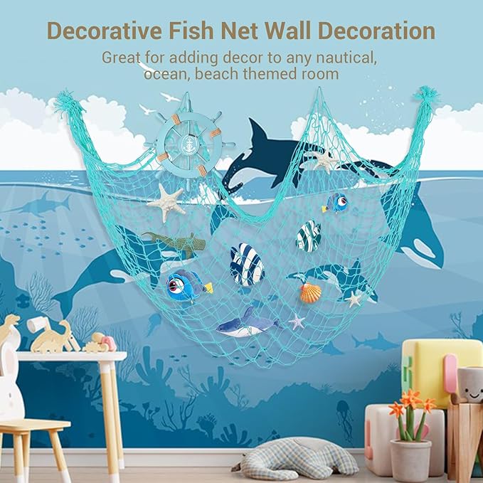 2 Pack Decoractive Fishing Net 80x40 Inch, 3mm Thickness Light Blue Natural Cotton Large Picture Wall Hanging Fish Net, Party Decorations Fishnet for Nautical Pirate Beach Mermaid Themed Party