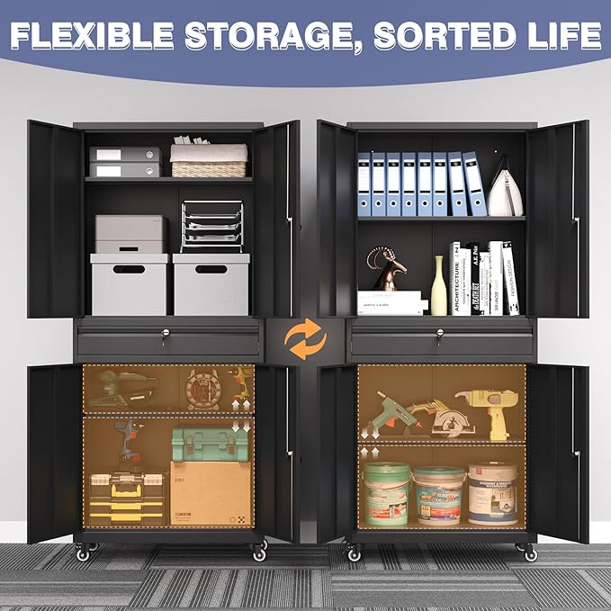 Metal Garage Storage Cabinet with 4 Wheels,Lockable Storage Cabinet with Adjustable Shelves and 1 Drawer,Rolling Tool Cabinet for Workshop Garage and School(Black)