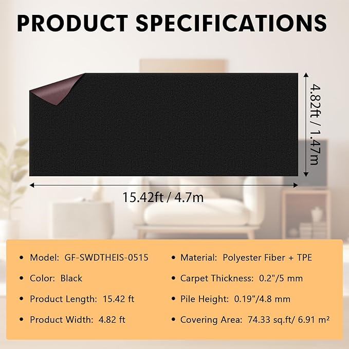 Marine Carpet, 5 FT x 15 FT Black Indoor/Outdoor Rug 0.2" Thick TPE Backed Non-Slip Boat Carpet Roll for Home, Patio, Porch, Deck