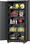 Greenvelly Metal Storage Cabinet with Wheels, 73" Black Lockable Rolling Storage Cabinets with Doors and 4 Adjustable Shelves, Large Steel Cabinet for Garage, Office, Home, School