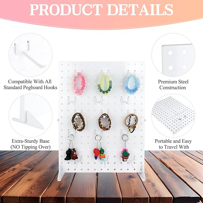 2 Pcs Metal Pegboard Display Stand with 30 Peg board Hooks, Tabletop Pegboard Shelf for Craft Shows & Fairs, Retail Stores, Vendors Arts and Crafts Finishing - 17x13Inch & White