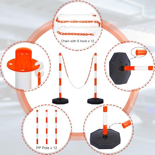 Amylove 12 Packs Traffic Delineator Post Cone with Base, Traffic Cones Safety Cones Caution Cones Plastic Stanchion Chain Safety Barriers with 6.6 Feet Link Chain and S Hooks for Parking Lot (Orange)