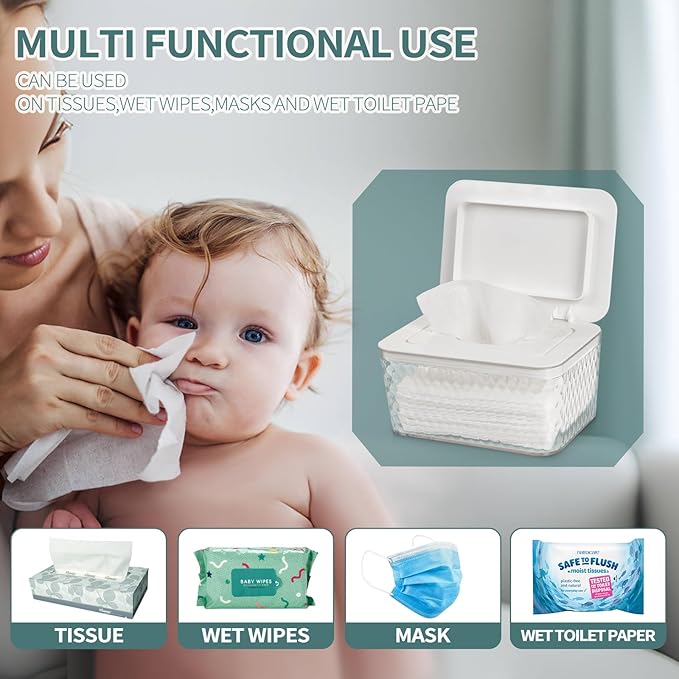 Wipes Dispenser, One-Handed Operation Wipe Holder for Baby & Adult, Seal-Designed Wipes Container for Bathroom Keep Diaper Wipes Fresh (2 Pack White)