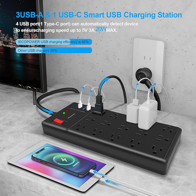 Surge Protector Power Strip 15 ft cord-15 Widely Spaced Outlets and 4 USB Ports(1 USB C Port),14 AWG Extension Cord,1875W/15A Heavy Duty Power Strip Surge Protector 15 ft Cord,2800J,Black