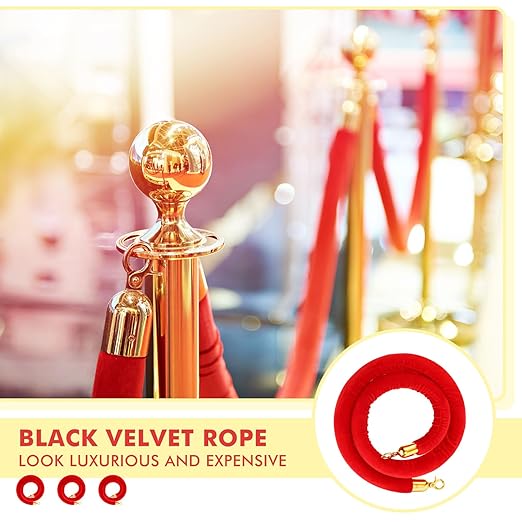Woanger 6 Pack Velvet Stanchion Rope, 5 Feet Crowd Control Stanchion Ropes Safety Barrier with Gold Plated Hook for Carpet Events Movie Theaters Grand Openings Hotels Party (Red)