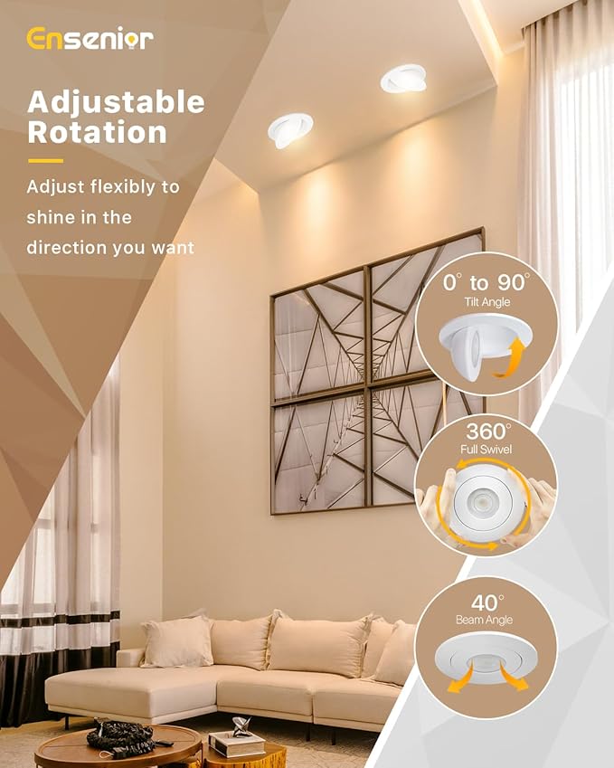 Ensenior 4 Pack 4 inch Gimbal Led Recessed Light with Junction Box, 90° Adjustable Directional Eyeball Lighting, Dimmable, 2700K/3000K/3500K/4000K/5000K, 900LM, 9W=85W-ETL&FCC Certified