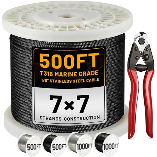 AHEONLAR 500FT 1/8" T316 Stainless Steel Cable for Railing,7x7 Wire Rope with Cutter,1850 lb Breaking Strength,Deck Stair Fence Hardware Kit for Indoor Outdoor Use,Black
