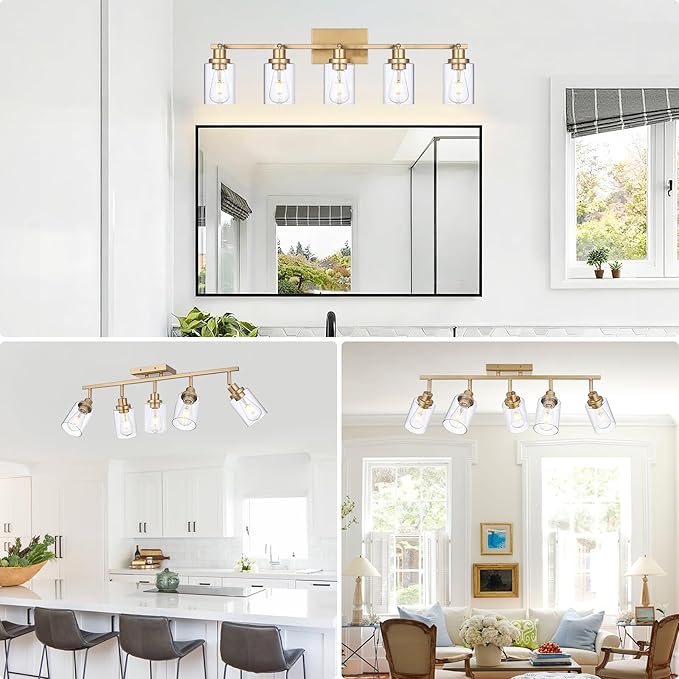 5-Light Multi-Directional Rotating Kitchen Tracking Lights Gold, Modern Track Lighting Fixture with Clear Glass, Bathroom Ceiling Vanity Lights Track Lighting Kits for Kitchen Accent Shop