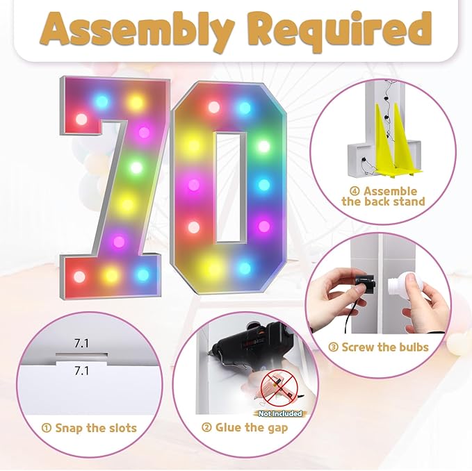 Marquee Numbers Colorful 70th Birthday Decoration: 4FT Large Light Up 70 Year Old Birthday Decorations Anniversary Backdrop Cardboard Sign 18 Colors Number 70 Mosaic Balloon Frame