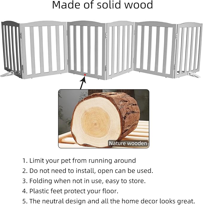 Freestanding Dog Gate Indoor,Doggie Gate Foldable Pet Gates for Doorways,Stairs or Hallways, Wooden Grey Pet Gate for The House, Pet Fence with Support Feet Included,24 "Height-6 Panels