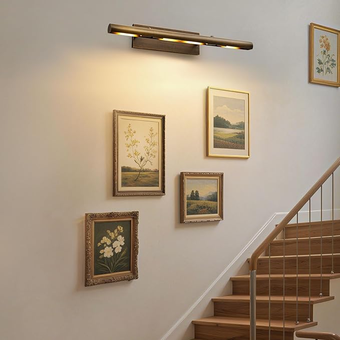 Hardwired Aged Brass Picture Light: 30" Long Rotatable Vintage Antique Gallery Artwork Display Lighting over Pictures Frame - Traditional Museum Accent Spotlight for Library Wall Photo Art Painting