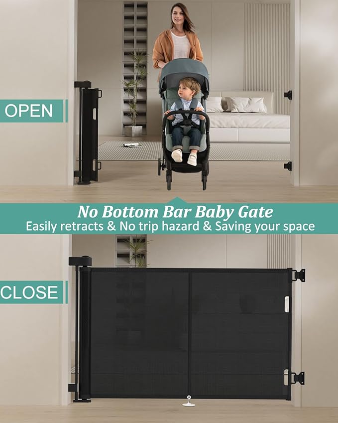 50 inch Retractable Baby Gates 34 inch Tall, Retractable Gate with Reinforced Strip Design to Prevent Crawling Through, Retractable Dog Gate for Stairs, Doorways, Hallways