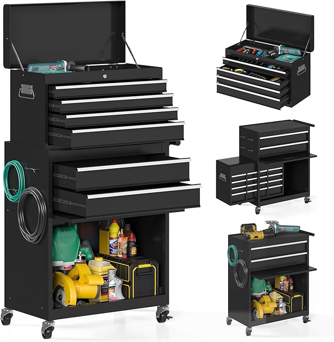 6-Drawer Tool Chest, Rolling Tool Storage Cabinet with Enhanced Packaging, Detachable Top Tool Box, Liners,Tray Divider, Metal Tool Cart for Workshop Garage, Black