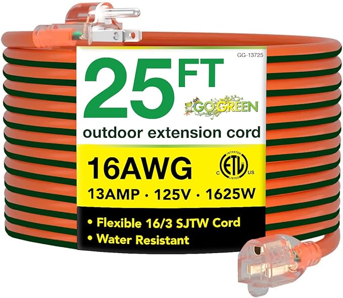 Go Green Power Inc. 16/3 25ft Outdoor Extension Cord with Lighted End - Contractor Grade, Durable, and Moisture Resistant - Ideal for Heavy Duty Tools - GG-13725