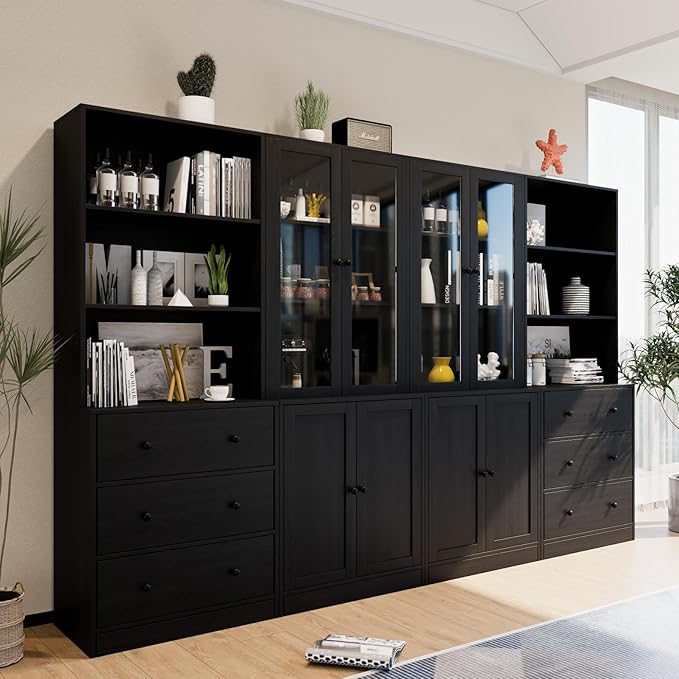 TUSY 71" H Bookshelf Bookcase with Doors, 3-Tier Modern Bookshelves with 3 Large Drawer, Display Bookcase with Glass Doors, Modern 5-Tier Curio Cabinet for Home Office, Dining Room (Black, ABBA)