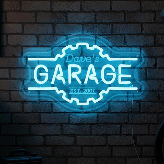 Custom Garage Neon Sign, Personalized 3D Engraved Gear Garage Name LED Sign, Customized Dimmable Neon Lights for Garage, Workshop, Carport & Man Cave Wall Decor, Gifts for Dad Father Husband Grandpa